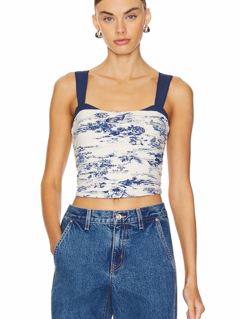 Free people Blue & White Toile Crop Tank Top with Navy Straps 0551